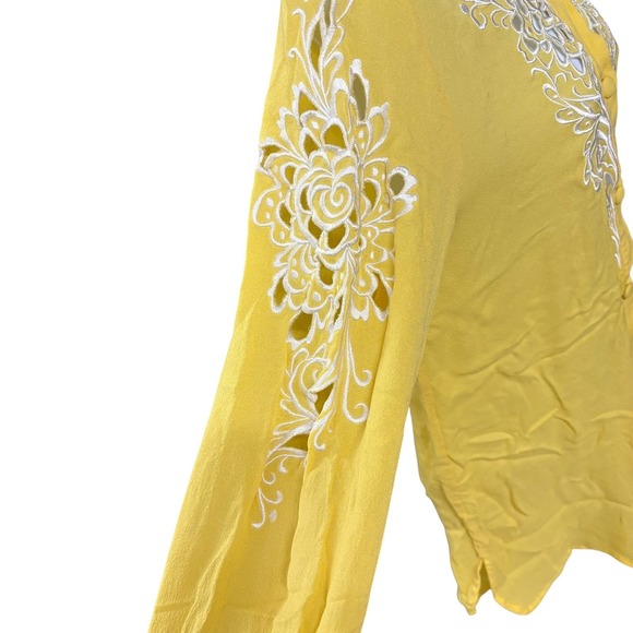 Bob Mackie Yellow Silk Embroidered Cutout Long Sleeve Button Up Shirt Top XS - Picture 4 of 9